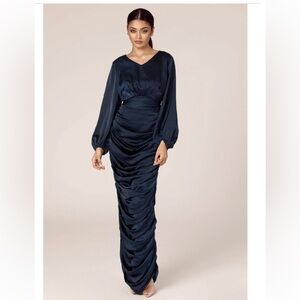 Veiled Collection - Navy Blue Rouched Women's Dress